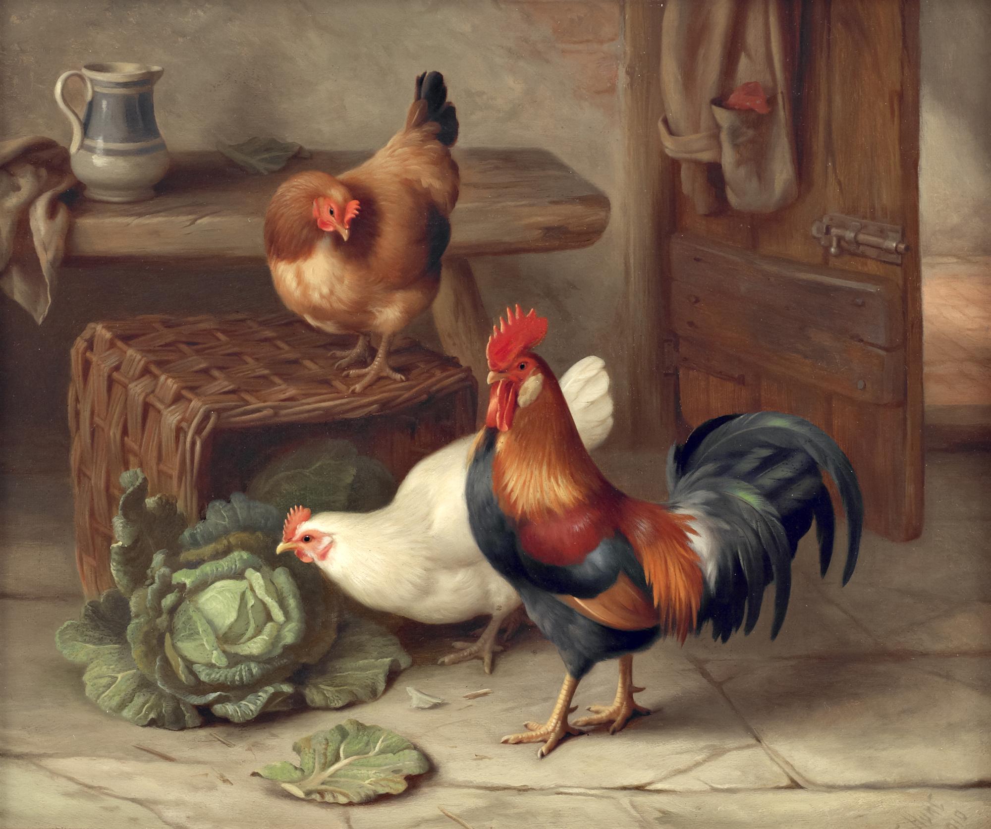 View Edgar Hunt Chickens in Barn at Rowles Fine Art