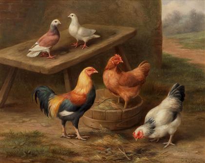Edgar Hunt | Hens & Doves in the Farmyard