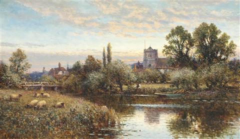 Alfred Augustus Glendening Snr | Sheep Grazing before Wrotham Church, Twilight