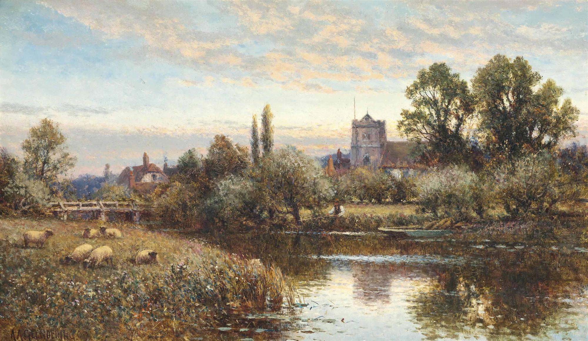 Alfred Augustus Glendening Snr | Sheep Grazing before Wrotham Church, Twilight