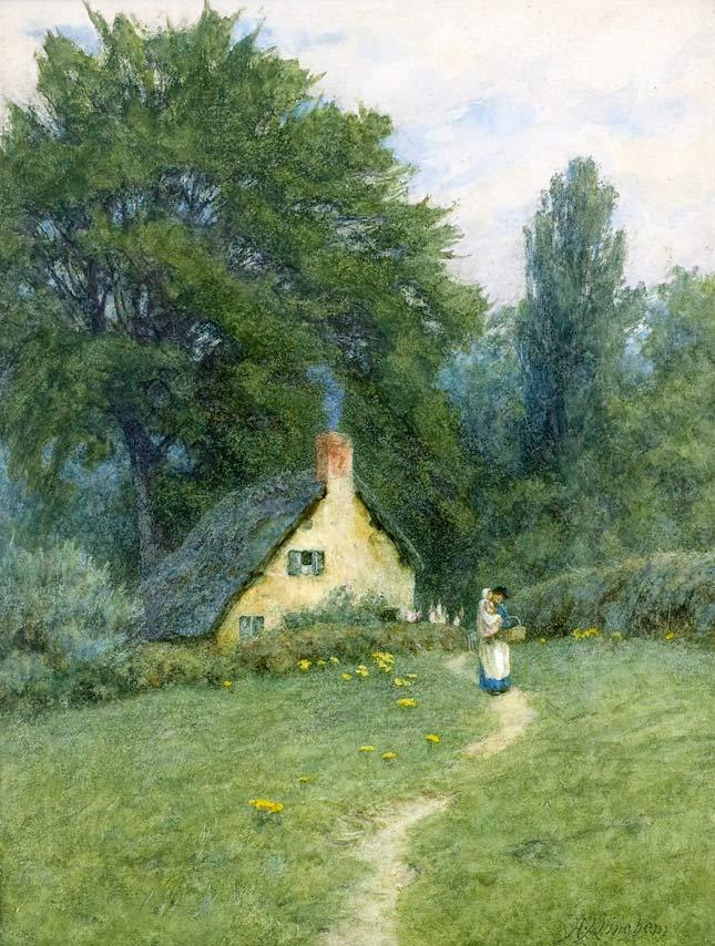 Helen Allingham | A Thatched Cottage near Disley, Cheshire