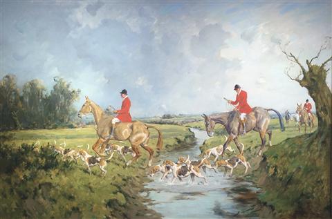 George Wright | Huntsmen on Horseback and Hounds crossing the Stream