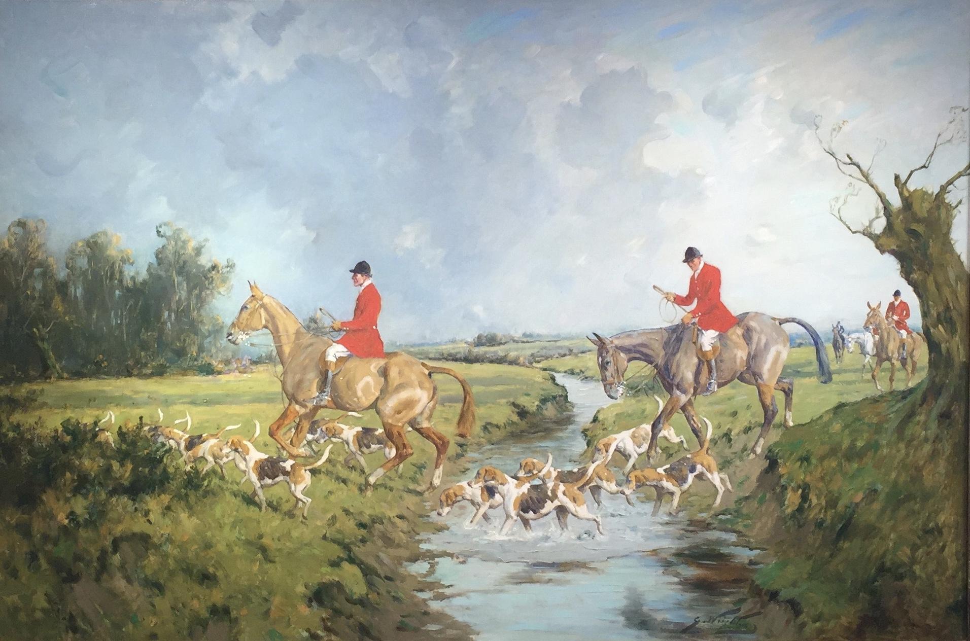 George Wright | Huntsmen on Horseback and Hounds crossing the Stream