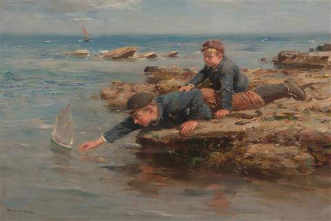 William Marshall Brown | Boys playing with their boat on a Rocky Shore