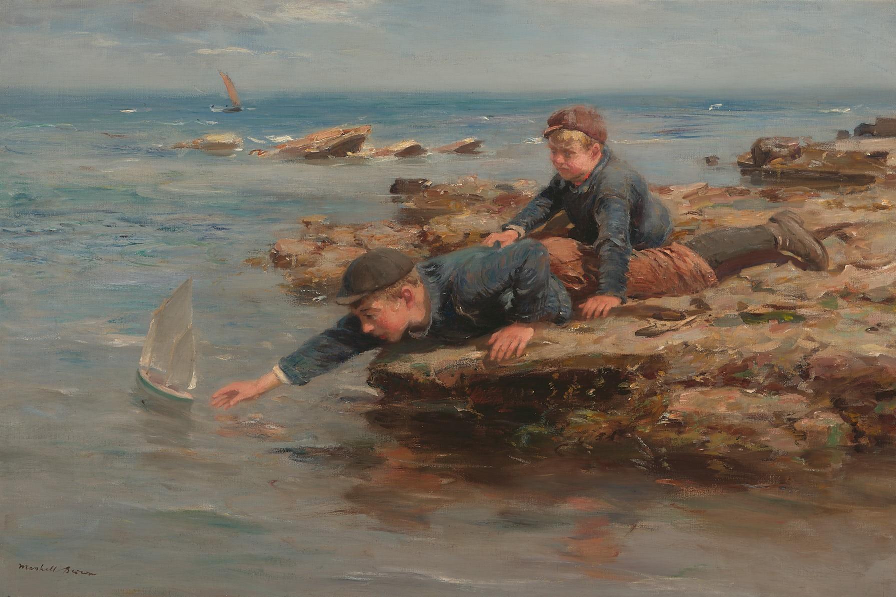 William Marshall Brown | Boys playing with their boat on a Rocky Shore