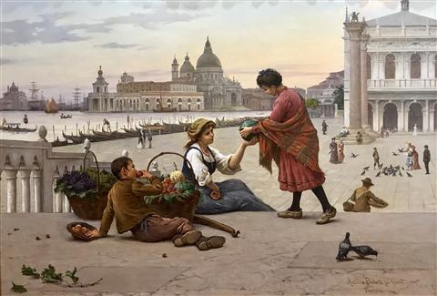 Antonio Paoletti | Young fruit-sellers on the Riva degli Schiavoni. The Church of  Santa Maria della Salute in the distance (Venice)