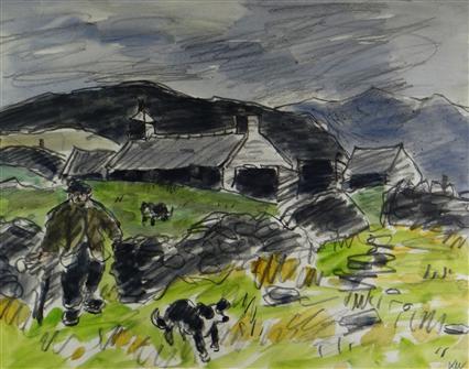 Sir Kyffin Williams | Snowdonia Farm with Farmer and two Sheep Dogs