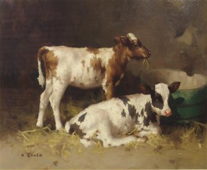 David Gauld | Ayreshire Calves by a Water Butt