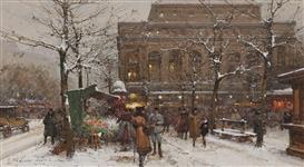 Marché aux fleurs en hiver, le théâtre du Châtelet, Eugene Galien Laloue
