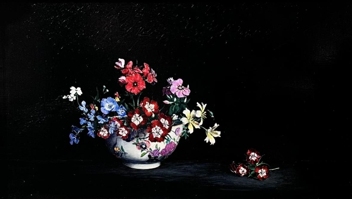 Laurence Biddle | Still Life of Pansies & other Flowers in Painted Vase